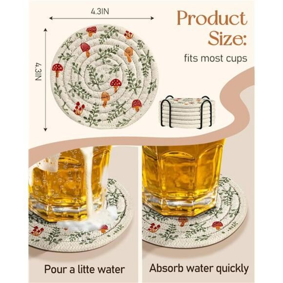 Woven Cotton Linen Coasters Set of 6 with Holder Absorbent Drink Cup Mats Coffee - Picture 3 of 7